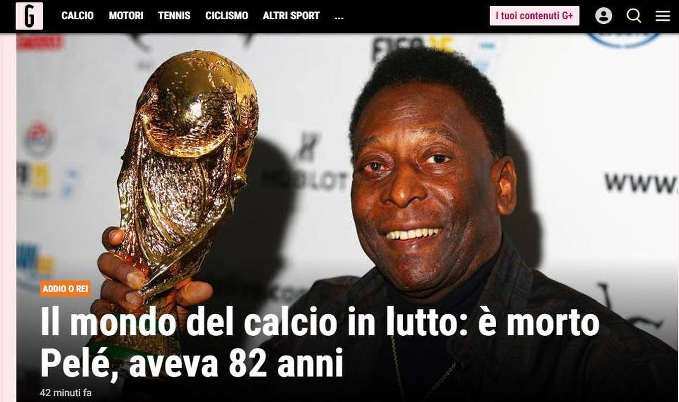 La Gazzeta dello Sport, da Itlia: O mundo do futebol de luto: morre Pel, aos 82 anos