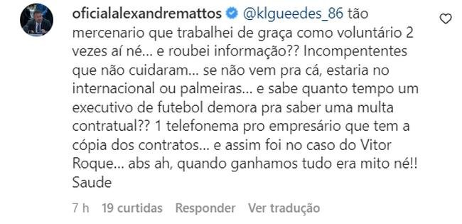 Alexandre Mattos respondeu alguns cruzeirenses em publicao do atacante Edu