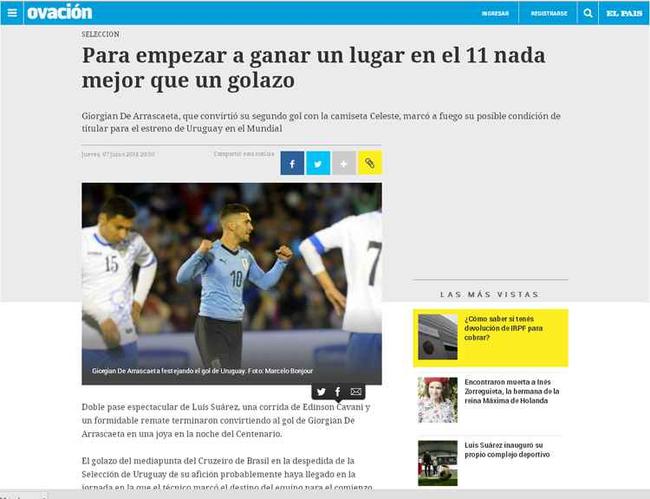 Manchete do portal Ovacin enche a bola de Arrascaeta e o coloca como titular na Copa