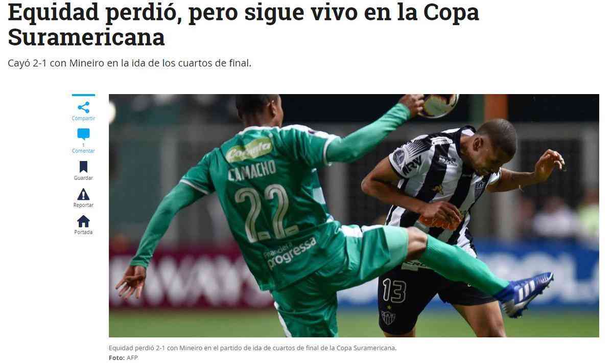 El Tiempo: 'Equidad perdeu, mas segue viva na Copa Sul-Americana'.