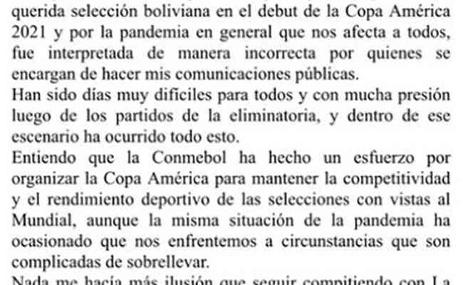 Carta de retratação de Marcelo Moreno à Conmebol e aos seus seguidores