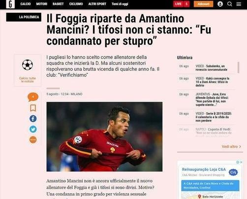 Imprensa italiana noticiou a rejeição de torcedores do Foggia a Mancini; técnico foi condenado por estupro em 2011