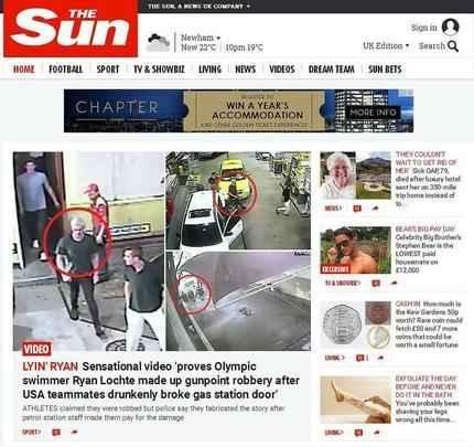 The Sun, Inglaterra: 'Ryan Lochte não foi roubado e quebrou posto de gasolina'