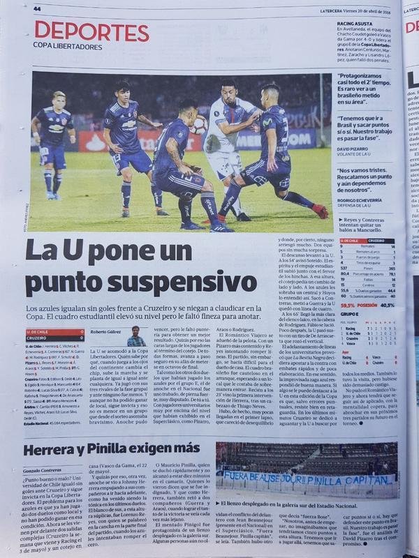 La Tercera: 'Os azuis empatam sem gols com Cruzeiro e se negam a desistir da Copa Libertadores'