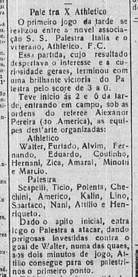 O 'Dirio de Minas' segue o texto de 19 de abril com a ficha tcnica do jogo, que comeou s 14h06. Na sequncia, o texto descreve o primeiro 'ponto' da histria dos clssicos. Attlio balanou as redes do Athletico logo aos 2 minutos.