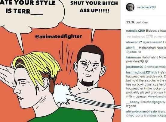 Nate Diaz não perdeu a oportunidade de rebater o popstar com uma imagem inspirada em meme de Batman e Robin: 'Bieber é um hater'