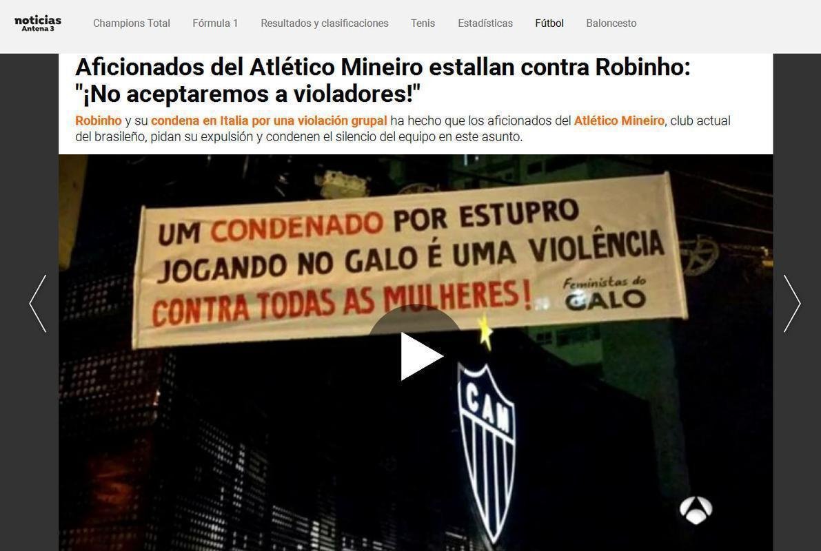 Antena 3 (Espanha) - Torcedores do Atltico explodem contra Robinho: 'No aceitamos estupradores'