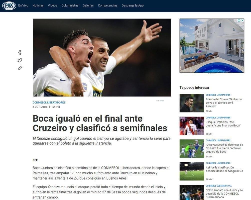 Fox Argentina: 'Boca igualou no final com o Cruzeiro e se classificou s semifinais'