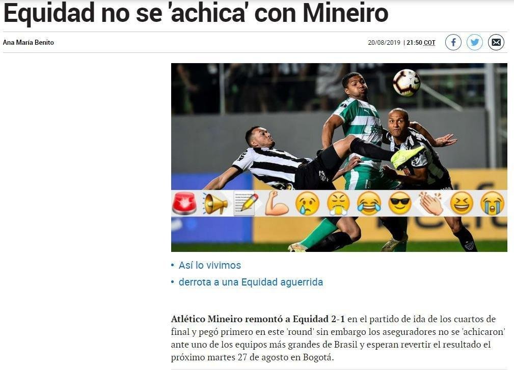 Marca: site destaca que 'Equidad no se apequenou contra o Atltico', classificado como 'uma das maiores equipes do Brasil'.