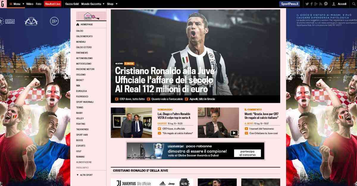 Gazzetta Dello Sport (Itlia) - Cristiano Ronaldo na Juve  oficial. A contratao do sculo vem do Real por 112 milhes de euros