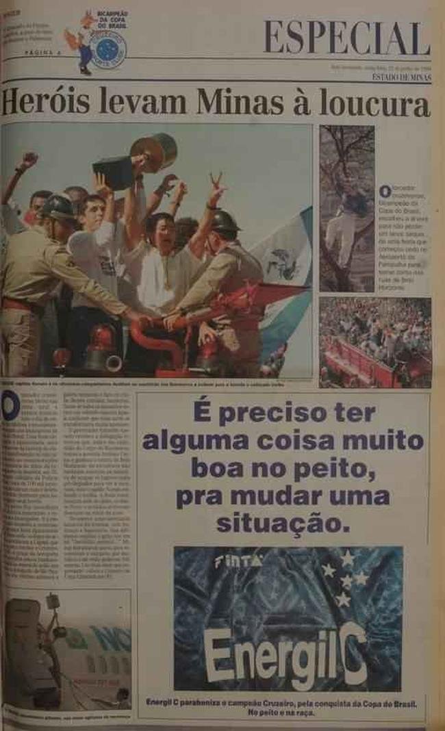 Pginas do jornal Estado de Minas em 21/06/1996, com cobertura da festa da torcida na chegada do time