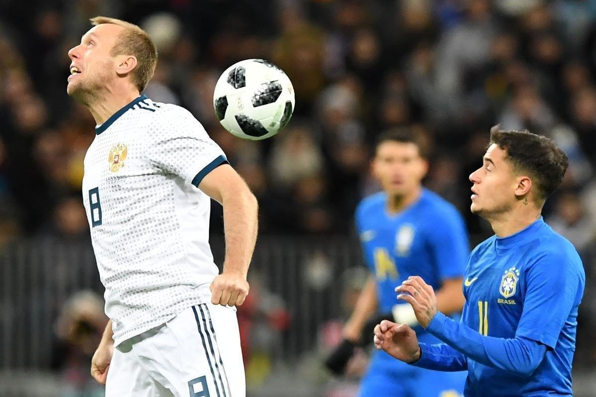 Imagem da partida amistosa entre Rssia e Brasil, no Estdio Lujniki, em Moscou