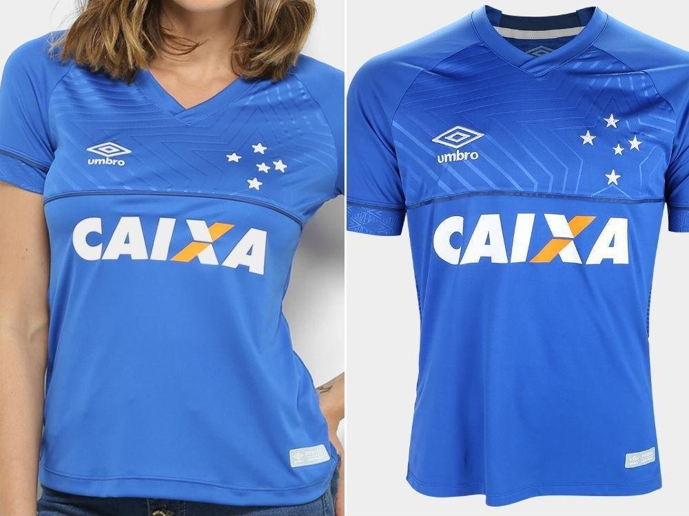 Cruzeiro. Camisa Feminina: R$ 199,99 / Camisa Masculina: R$ 249,99
