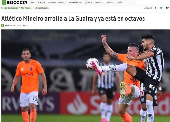 Besoccer (Espanha) - 'Atlético Mineiro supera La Guaira e já está nas oitavas de final'