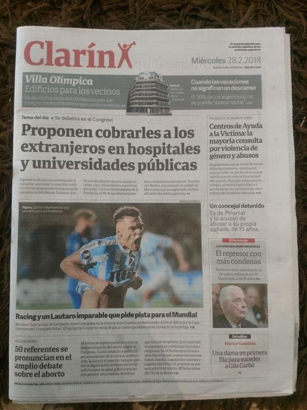 Clarn: 'Racing e Lautaro imparvel pedem passagem para o Mundial'