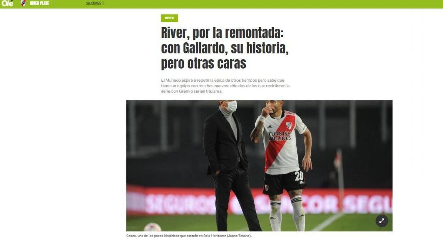 Ol: 'River, pela remontada: com Gallardo, sua histria, mas outras caras'. Peridico relembra classificao sobre o Grmio em 2018, aps derrota por 1 a 0 no Monumental de Nez