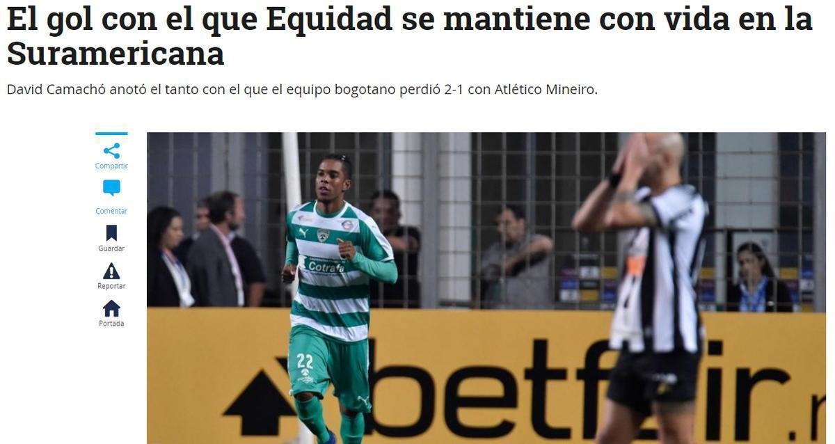 El Tiempo: site destaca 'o gol com o qual La Equidad se mantm vivo na Sul-Americana', em referncia ao 2 a 1 sobre o Atltico.