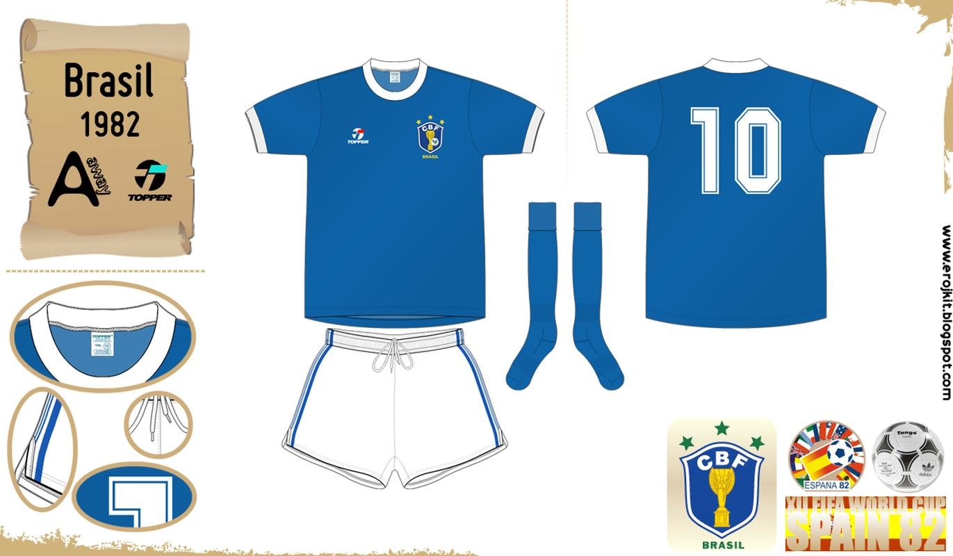 1982 - Arte conceitual do agora tradicional uniforme reserva em 1982, que no chegou a ser usado na Copa do Mundo
