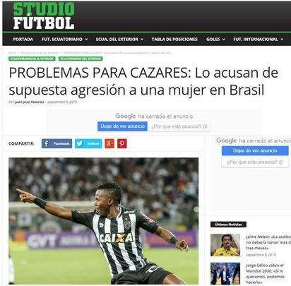 Após comentar a denúncia de agressão, o portal Studio Fútbol diz que Cazares está imerso em uma polêmica no Brasil.
