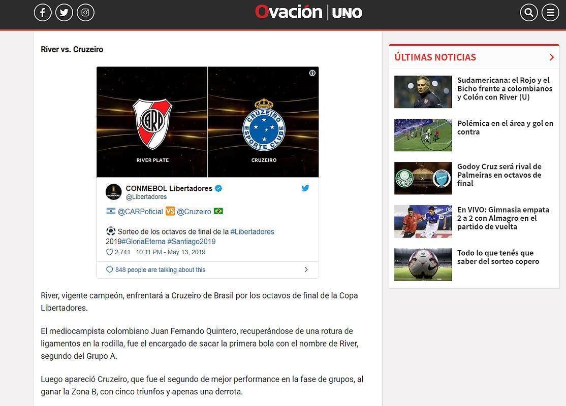 O 'Ovacin UNO' tambm relembra a boa campanha do Cruzeiro, adversrio do River, fase de grupos. O time celeste ficou com a segunda melhor campanha, atrs apenas do Palmeiras.