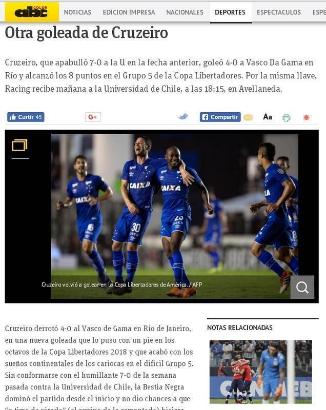 ABC COLOR, do Paraguai - Outra goleada do Cruzeiro
