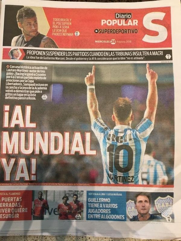 Superdeportivo, caderno de esportes do Diario Popular: 'Ao Mundial j. Com histrica atuao de Lautaro Martnez, autor de trs gols, Racing venceu Cruzeiro por 4 a 2, em partida repleta de emoes na Copa Libertadores. Sampaoli esteve no campo, e a joia da Academia voltou a demonstrar que pede a gritos um lugar na lista definitiva para a Copa da Rssia' 