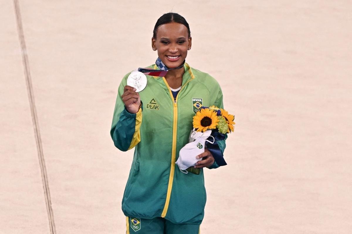 Fotos da apresentao da brasileira Rebeca Andrade na ginstica artstica dos Jogos Olmpicos de Tquio