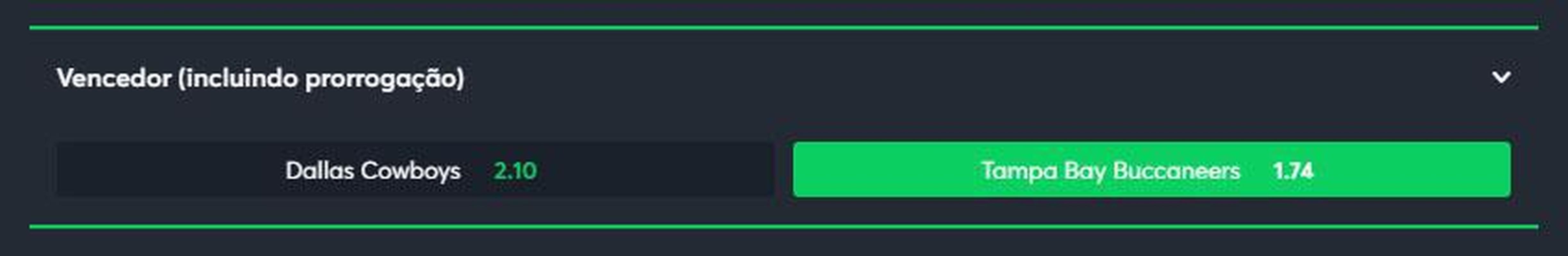 Tampa Bay Buccaneers vence Dallas Cowboys (odd 1.74) -  um jogo complicado para o Tampa, equipe de Tom Brady. O Cowboys tem um bom elenco e jogar em casa, onde costuma ser forte. Mas o time de Dallas vive incertezas, principalmente no comando tcnico. Apontado como favorito em uma das divises mais fracas da liga, a equipe precisa mostrar fora contra os principais rivais de conferncia para ganhar confiana. Mas, do outro lado, estar um dos candidatos a ir ao Super Bowl. O Bucs  um time muito qualificado em todas as posies e, mesmo perdendo algumas peas importantes, segue muito forte. Existe ainda a expectativa para ver Tom Brady em campo, j que o astro chegou a aposentar e resolveu jogar por mais uma temporada. Ser um jogo complicado, mas o time visitante tem muita chance de vitria.