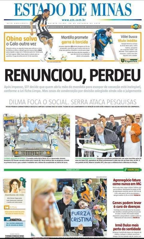 Em 2010, Atltico e Palmeiras duelaram nas quartas de final da Mercosul. O primeiro jogo, disputado com mando alvinegro em 27 de outubro, acabou empatado por 1 a 1. Na manh seguinte, a capa do EM destacava a atuao salvadora do centroavante Obina, que saiu do banco de reservas para reforar o time misto e garantir, com um gol de pnalti, a igualdade. 'Obina salva o Galo outra vez', l-se.
