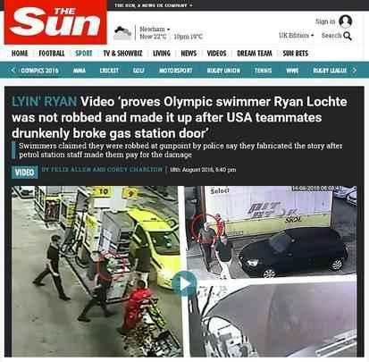 The Sun, Inglaterra: 'Ryan Lochte não foi roubado e quebrou posto de gasolina'