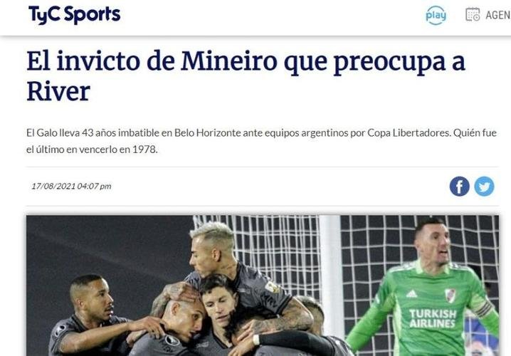 TyC Sports destaca invencibilidade do Galo contra argentinos em Belo Horizonte, que já dura desde 1978