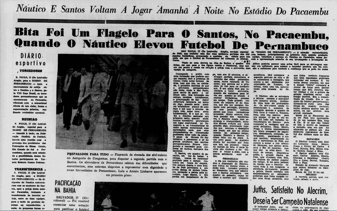 17/11 Santos 3 x 5 Náutico - Na capa, o jornal estampava a manchete da vitória alvirrubra. O Santos de Pelé caía aos pés do Náutico de Bita em pleno Pacaembu.