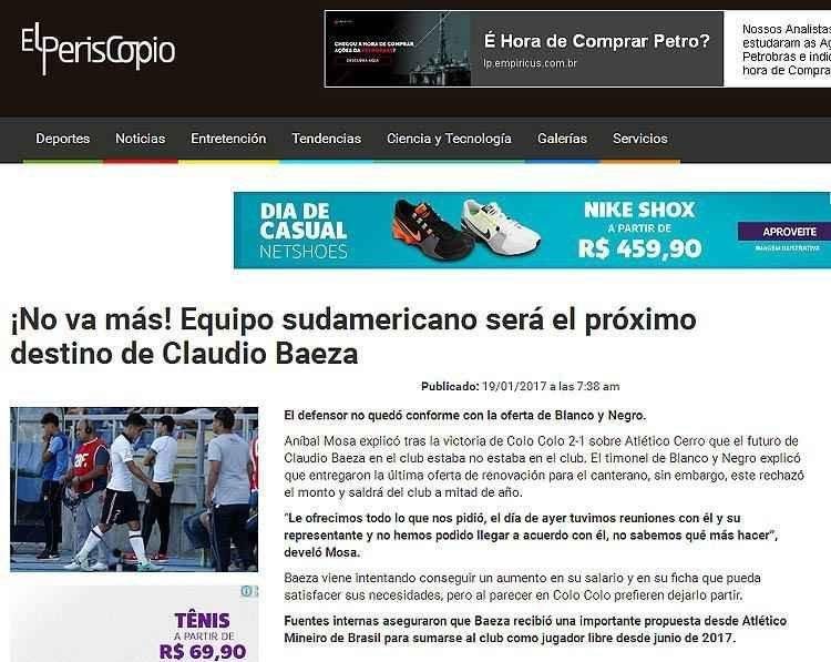 Veculos chilenos anunciam proposta do Atltico por volante Claudio Baeza, do Colo Colo