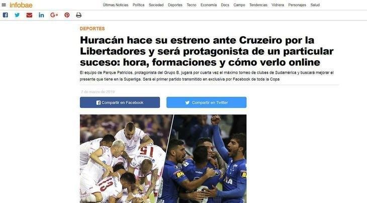 O Facebook fechou contrato até 2022 com a Conmebol para transmitir 46 partidas por ano na Copa Libertadores, dentre elas o jogo entre Huracán e Cruzeiro