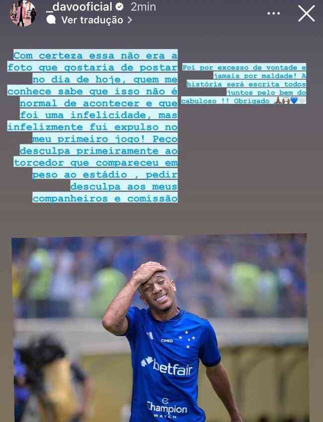 Matheus Davó pediu desculpas por expulsão no Cruzeiro