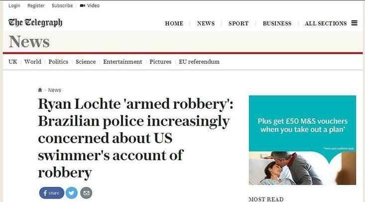 Telegraph, Inglaterra: 'Ryan Lochte roubo armado: polícia brasileira cada vez mais preocupada'