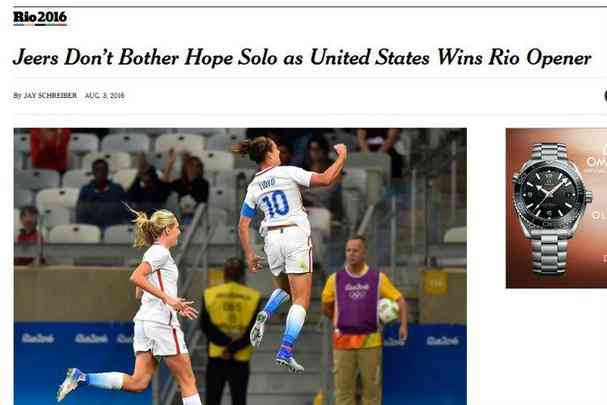 'Vaias no incomodam Hope Solo enquanto os Estados Unidos vencia a abertura do Rio', escreveu o The Washington Post