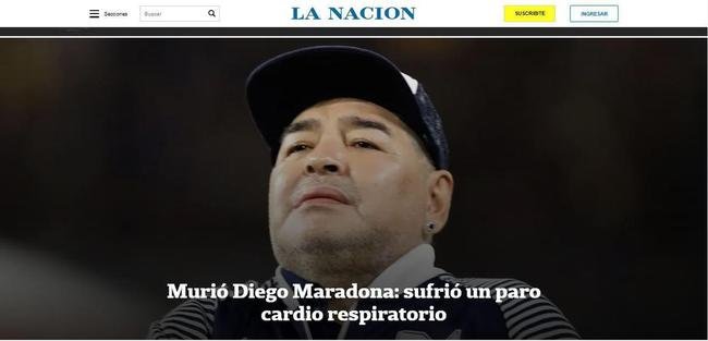 La Nacin, de Buenos Aires, destaca a parada cardiorrespiratria sofrida pelo craque argentino