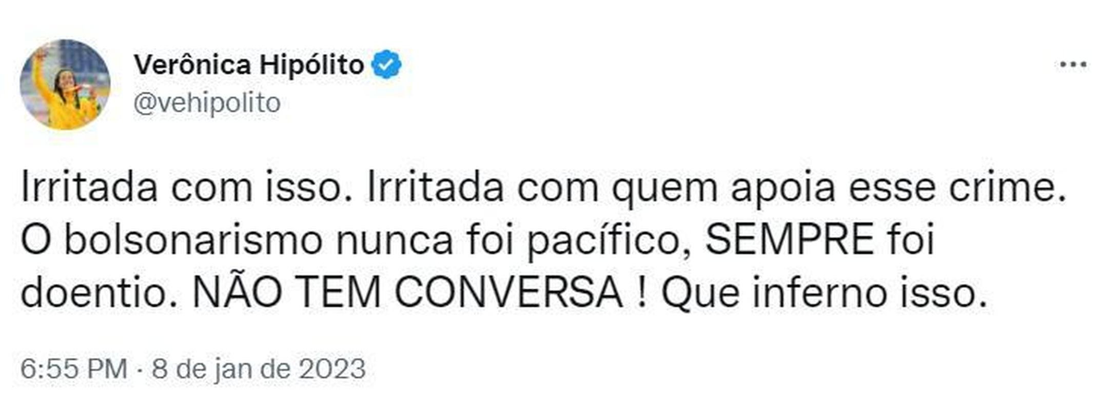 Medalhista nos Jogos Paralmpicos de 2016 e campe mundial no atletismo, Vernica Hiplito - que fez parte da transio para o governo Lula - critioou Bolsonaro e seus seguidores.