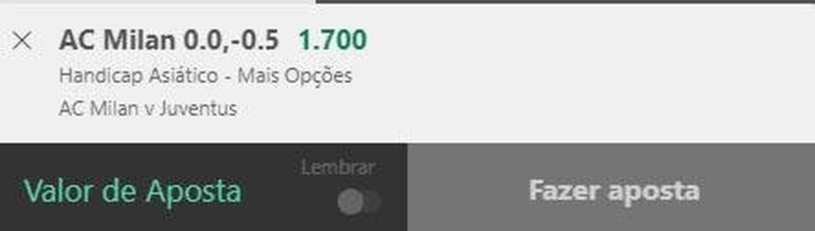 Milan handicap asitico -0,25 contra a Juventus (odd 1.70) - O Milan teve incio melhor que a Juve no Campeonato Italiano. Em oito rodadas, soma 17 pontos (trs a menos que o lder Napoli), contra 13 do rival. O time rossonero vem de derrota dura para o Chelsea, na Liga dos Campees, e busca dar volta por cima. J a Juve vem de duas vitrias seguidas e busca embalo na temporada. Mas, por jogar em casa, vamos de aposta no Milan. Em caso de empate, teremos reembolso de metade do investimento.