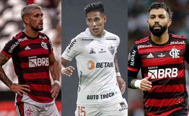 Arrascaeta (esq), do Flamengo, Zaracho (centro), do Atlético, Gabigol (dir), do Flamengo