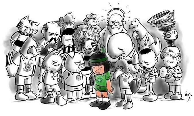 Em outra charge, mascotes de todos os times da Srie A lamentam a tragdia ao lado do ndio Cond
