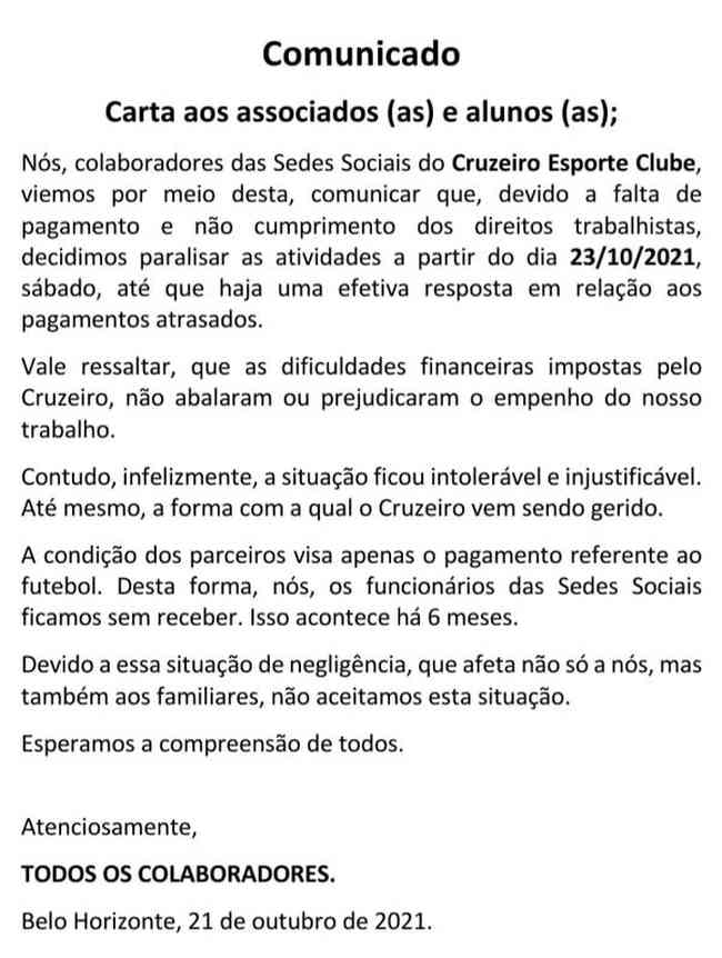 Confira na ntegra a carta escrita pelos funcionrios das sedes sociais do Cruzeiro
