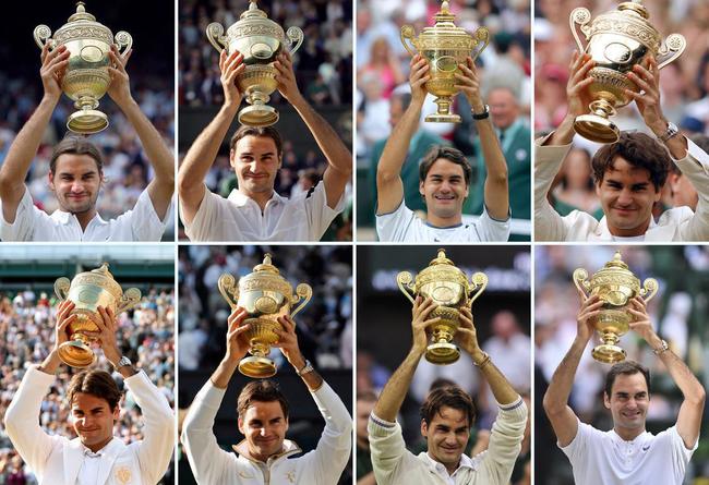 Montagem de fotos com os oito trofus de Wimbledon conquistados por Roger Federer: (no alto, da esquerda para a direita) 2003, 2004, 2005, 2006, (embaixo, da esquerda para a direita) 2007, 2009, 2012 e 2017 