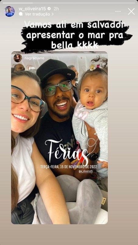 Willian Oliveira, que est fora dos planos do Cruzeiro para 2023, viajou para Salvador ao lado da famlia. Esta ser a primeira vez que sua filha conhecer o mar. 