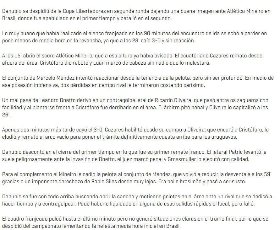 Ao longo do texto, o 'Montevideo.com' destacou que 'o baile brasileiro virou susto'. O Atltico chegou a abrir 3 a 0 no primeiro tempo, mas permitiu a reao rival, que chegou a fazer 3 a 2 - placar final da partida.