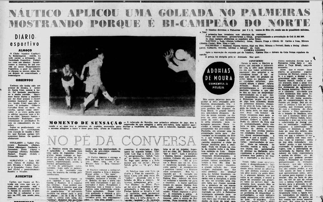28/10 Náutico 3 x 0 Palmeiras - Na manchete da capa do jornal, 'Náutico despacha o Palmeiras' e enfrenta o Santos após vitória por 3 a 0.