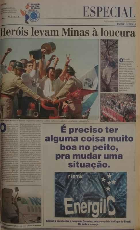 Pginas do jornal Estado de Minas em 21/06/1996, com cobertura da festa da torcida na chegada do time