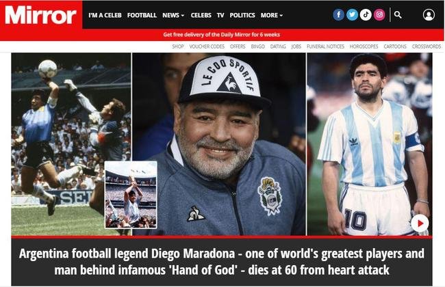 'Daily Mirror', da Inglaterra, se refere a Maradona como 