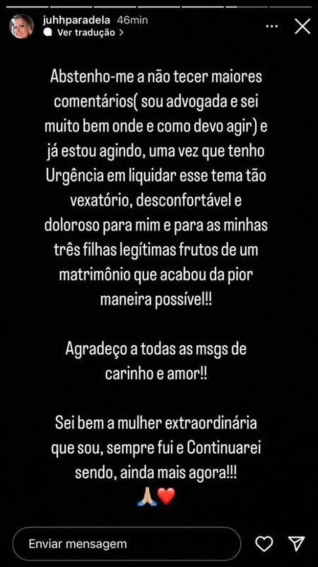 Esposa de Lus Fabiano explicou situao nas redes sociais aps anunciar traio do ex-jogador 